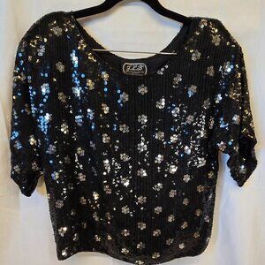 Vintage J.L.B. Sequins and Beaded Shirt, Black And Silver, Size S, 100% Silk